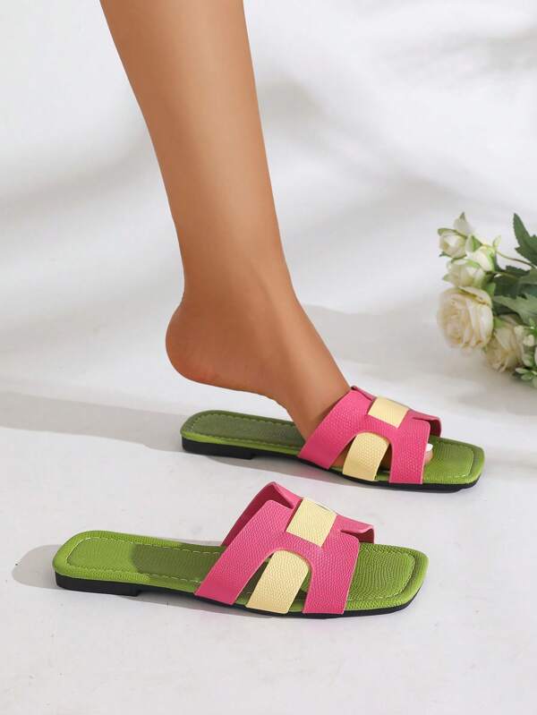 [Hidden Gem] Women Pink H-Strap Flat Sandals, New Spring/Summer Beach Sandals, Flat Slippers, Outdoor Home Slippers.Party/Birthday Gift, Low Heel Open Toe Color Block Slide Sandals For Vacation.Golden/Blue/Green/Yellow H-Strap Flat Sandals.