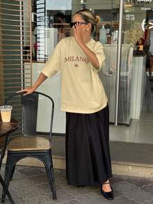 男女通用时尚休闲通勤街头潮流春夏男友风米兰图案印花圆领短袖T恤 - 卡其色 - 查看 4