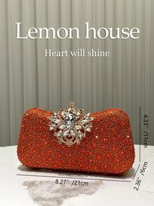 1pc Orange Glitter Luxury Rhinestone Elegant Evening Bag, Rhinestone Embellished Fashion Clutch Purse For Formal Party, Wedding, Cocktail Party - Ideal Gift For Women - Orange - View 4