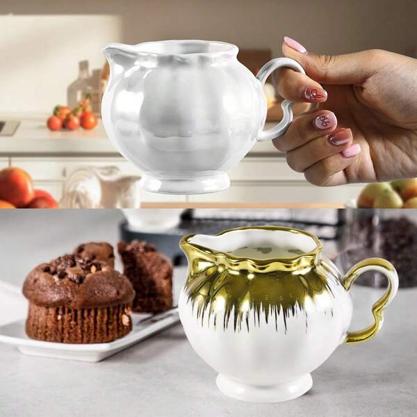 MBB 1 pieza Jarra de cerámica pequeña de 8 onzas con asa - Jarra pequeña de leche de porcelana fina - Recipiente de crema de cerámica para café, leche, salsas, ensaladas, apto para microondas y congelador, blanco con brillo perlado o blanco con borde dorado, taza de crema para el hogar y la cocina
