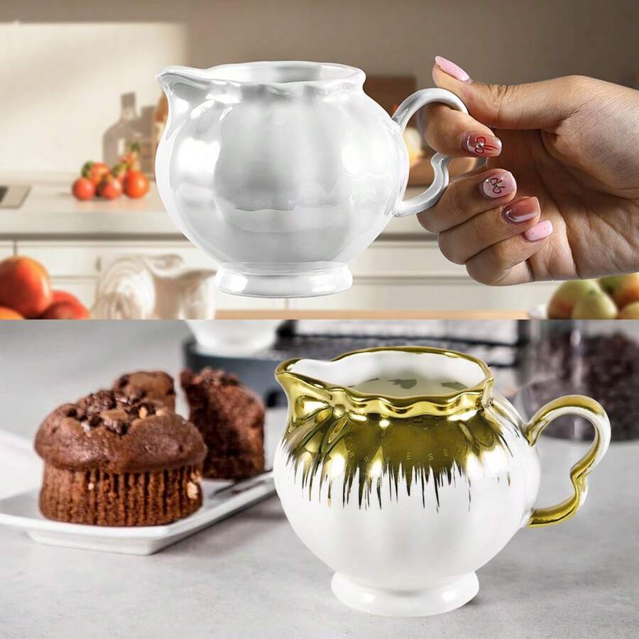 MBB 1 件 8 盎司陶瓷小奶精壶带手柄 - 精美瓷器小奶精壶 - 陶瓷奶精容器，用于咖啡牛奶酱沙拉，可微波炉和冰箱加热，白色珍珠釉或白色金边奶精杯，适用于家庭和厨房 - 彩色 - 查看 1