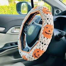 onEternal 1pc Handmade Crochet Halloween Pumpkin Steering Wheel Cover And 2pcs Seatbelt Covers Car Interior Decor Set
