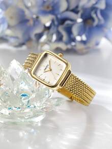 1pc Women's Retro Square Stainless Steel Strap Quartz Watch, Elegant And Suitable For Daily Wear - Gold - View 2