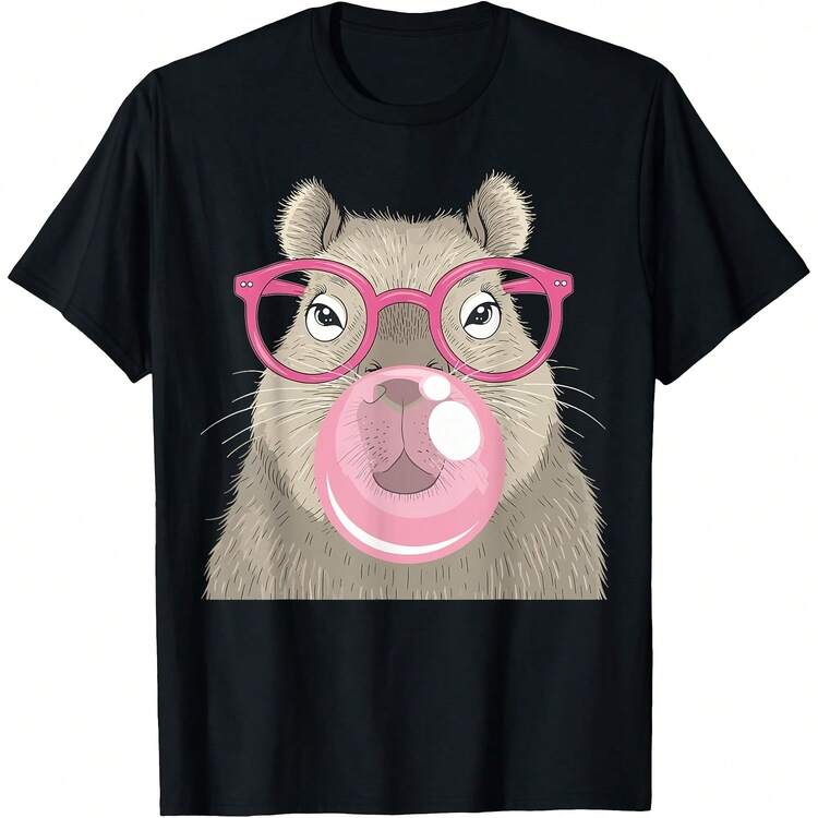 Fun And Cute T-Shirt For Girls With Capybara And Bubblegum Design. 220g AL1Godn Essential Garment For Him, 220g Of Absolute Well-Being. Designed For All Types Of Users, Women And Men Without Difference. Robust Fiber Of Optimal Quality, Useful For Any Assembly, Silky To The Touch But Projected To Continue. Ventilated Outer Layers For Women, Autumn Sets, Vacation Wear, Halloween Outfits For Them. - Black - View 1