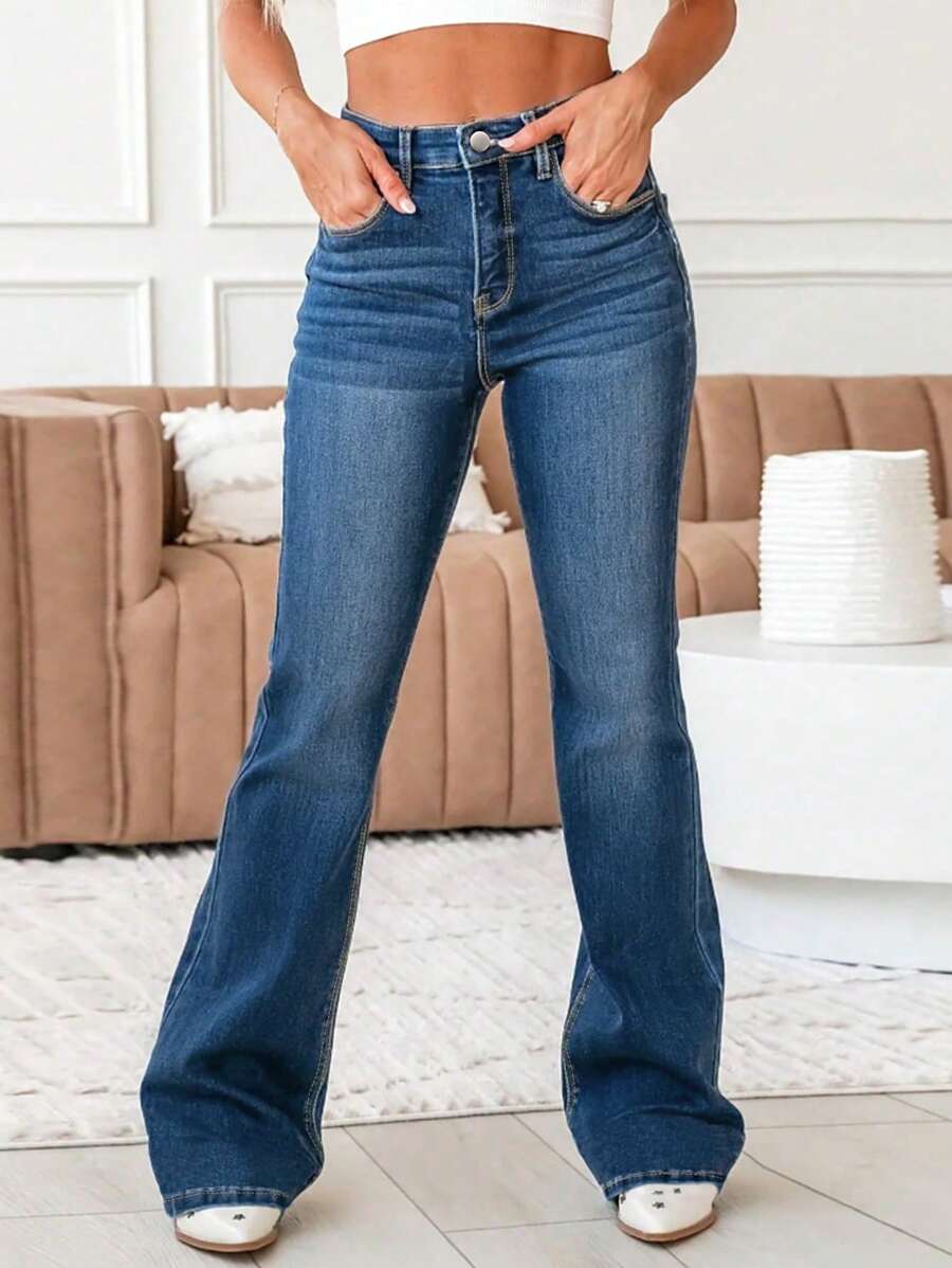 弹力面料设计，水洗纯色外套，独特破洞细节，高腰弹力性感紧身牛仔裤，适合女式；适合返校季、日常通勤、家居服和聚会 - 深色水洗藍 - 查看 1