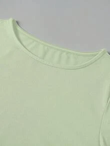 Women's Solid Color T-Shirt, Elegant And Versatile Long-Sleeve Fitted Top, Round Neck Design, Suitable For Sports And Daily Wear - 淡綠色 - 查看 11