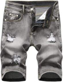 Men's Ripped Shorts & Jeans Summer Casual Classic Straight Distressed Ripped Short JeansA Valentine's Day XJS7 - 303# Grey - View 1