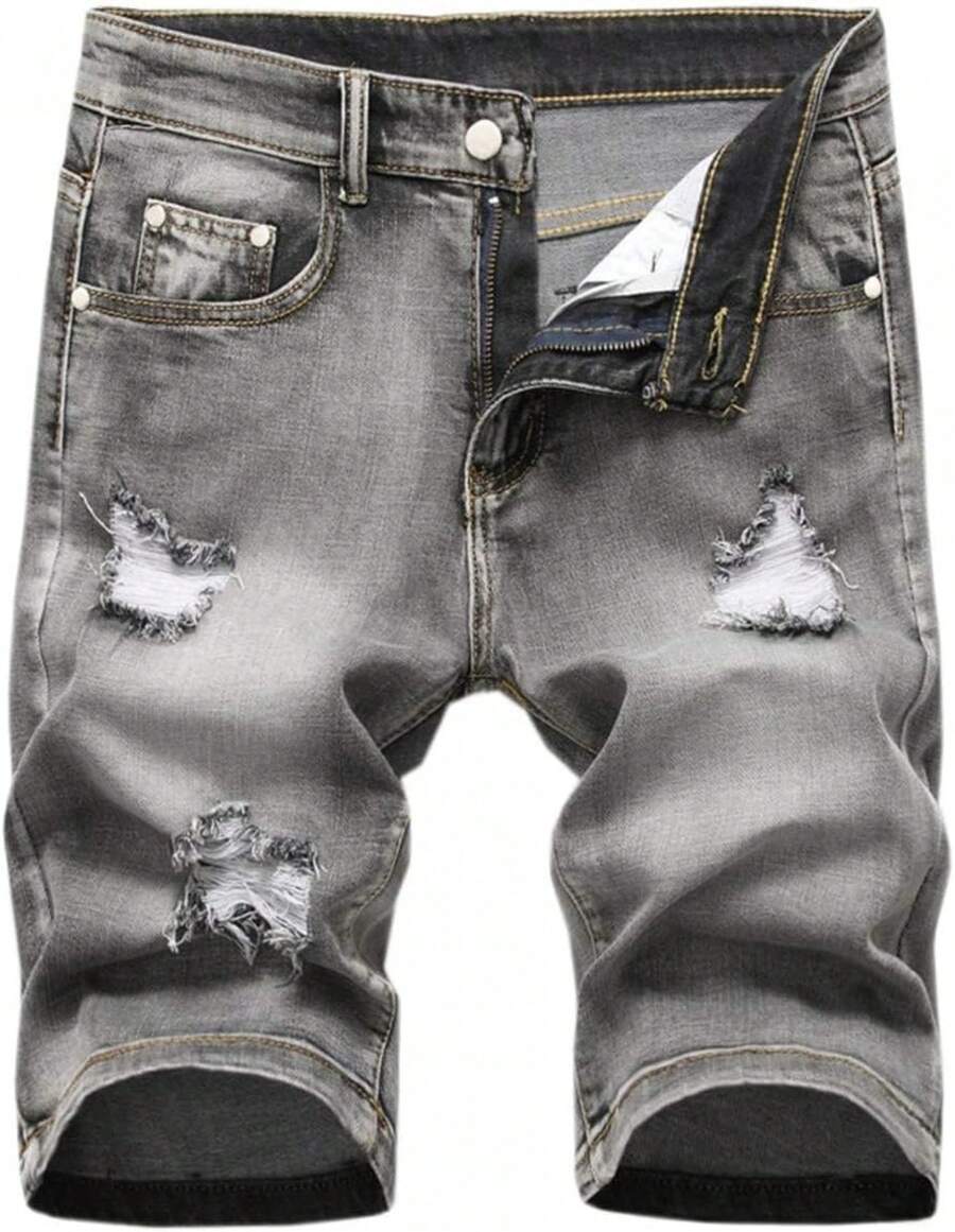 Men's Ripped Shorts & Jeans Summer Casual Classic Straight Distressed Ripped Short JeansA Valentine's Day XJS7 - 303# Grey - View 1
