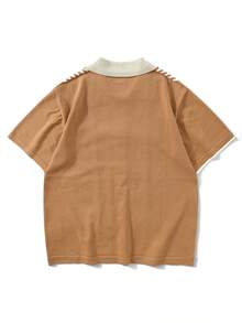 Casual Loose Striped Knit Short Sleeve Hollow Knit Shirt, Brand Niche Cuban Style Cardigan, Suitable As Gift For Husband/Boyfriend - Apricot - View 3