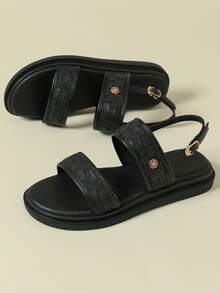Giày sandal nữ đế dày, quai cài, khóa cài, họa tiết dệt không đều, phong cách retro bohemian, hở mũi, thoải mái, thoáng khí, thích hợp đi ngoài trời, đi biển, bộ sưu tập Xuân/Hè 2026, sandal La Mã quai ngang màu đen, mũi tròn, họa tiết dệt không đều, cỡ lớn 41-43. - màu đen - Xem 4