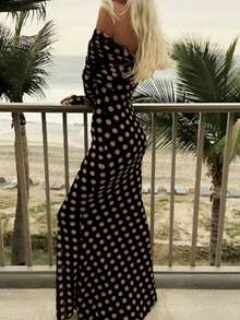 女士年轻、时尚、浪漫、优雅长袖经典波点图案露肩镂空钩编设计波点长裙，春季款 - 咖啡 - 查看 4