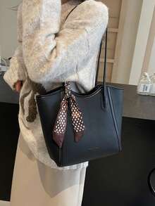 时尚纯色围巾装饰 PU 托特包，大容量通勤复古简约单肩包百搭手提包适合女性 - 黑色 - 查看 2