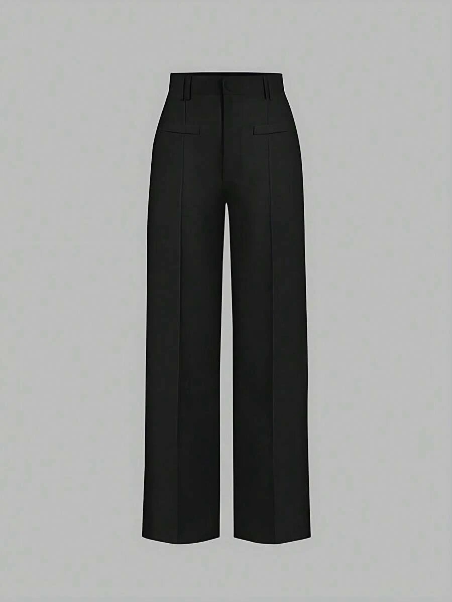 LIU ME Women's Tailored Trousers With Fake Pocket – High Waist And Wide Leg Pants - Black - View 1