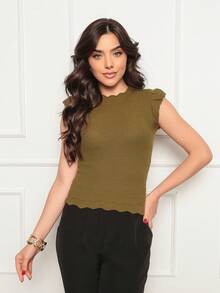 ONLYONE - JAPANESE MODAL SLEEVE CROPPED TOP WITH WAVE DETAIL HEM - FIMINAS BLOUSES KNITTED BLOUSES - 軍綠色 - 查看 1