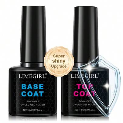  LIMEGIRL 8ml Gel Top Coat, 2025 New Super Glossy Base & Top Coat Set, Soak-Off LED/UV Lamp, Acid-Free No Wipe Transparent Base & Top Coat Gel Nail Polish
