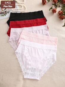 5pcs/Set Solid Color High Waist Lace Patchwork Briefs Panties Set For Women