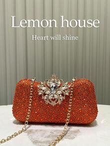 1pc Orange Glitter Luxury Rhinestone Elegant Evening Bag, Rhinestone Embellished Fashion Clutch Purse For Formal Party, Wedding, Cocktail Party - Ideal Gift For Women - Orange - View 3