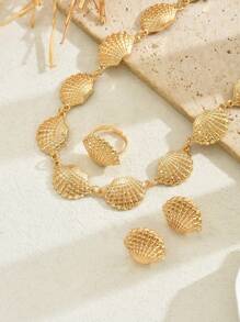 1 Set de Joyas con Colgante, Aretes y Anillo con Diseño Minimalista de Concha Marina, Regalo de Accesorios con Temática Oceánica para Vacaciones/Citas para Mujeres