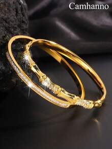 Camhanno 2pcs Of Simple And Fashionable, Elegant And Charming Stainless Steel Zirconia Different Shapes And Styles Bracelet Combination, Add Points To Your Beauty, Suitable For Daily Wear To Send Lovers/Best Friend - Yellow Gold - View 2