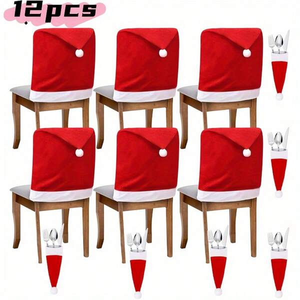 Set da 12 pezzi di coprisedia e copriposate natalizi - design festivo a cappello da Babbo Natale rosso per la decorazione delle feste di Natale e dei festa, inclusi 6 coprisedia e 6 tasche per coltello e forchetta