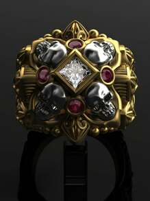 Men's Punk Skull Ring, Copper Alloy Men's Punk Style Skull Ring With Synthetic Red Cubic Zirconia, Commemorative Hip Hop Rock Fashion
