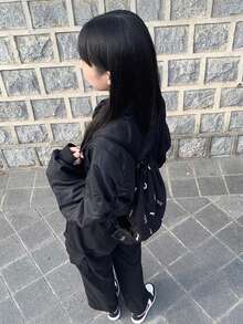 Back To School Letter Print Drawstring Black Student Backpack, Casual Lightweight Backpack For Female Students - Black - View 2