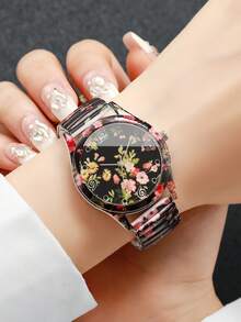 1pc Women's Elastic Band Fashion Casual Number Scale Dial Print Quartz Wrist Watch, Classic Stylish Design (1pc/Set, Watch Box Not Included) - 黑色 - 查看 2