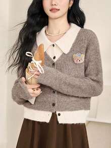 Alicedudu Áo len cardigan cổ bẻ 2 trong 1 dễ thương thời trang thu đông dành cho nữ - Màu cà phê sữa - Xem 3