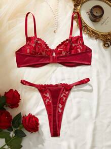 情趣内衣浪漫红：精致蕾丝花型情趣内衣套装，性感优雅红色蕾丝性感文胸配丁字裤，针织性感蕾丝花型情趣内衣套装两件套 - 酒紅色 - 查看 6
