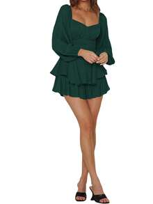 Women Puff Long Sleeve Romper Off Shoulder Ruffle Flowy Short Jumpsuit Layered Pirate Dress With Shorts Playsuit - 綠色 - 查看 5
