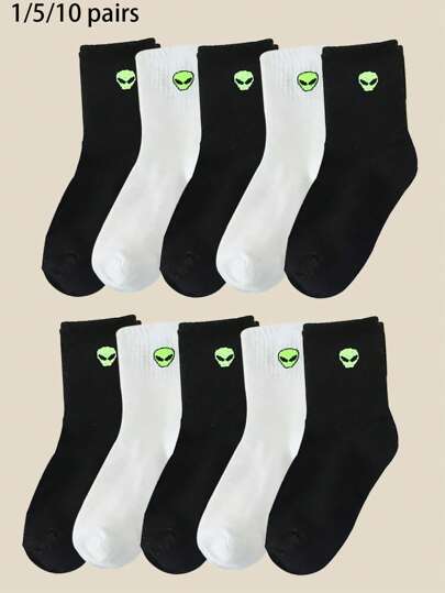 1/5/10 Pairs Cartoon Alien Print Unisex Sports Socks, Breathable And Odor-Resistant Mid-Calf Socks, Fashionable And For Women, Spring/Autumn