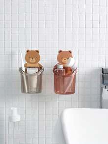 2 件免钉小熊架子壁挂式牙刷牙膏杯香皂梳浴室收纳整理架 - 彩色 - 查看 7