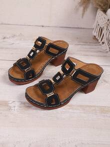 1 Đôi sandal cao gót thời trang retro dành cho nữ, họa tiết hình học, phong cách bohemian, da PU, đính đinh tán, thích hợp cho đám cưới, tiệc tùng, kỳ nghỉ, mùa hè, đế xuồng cho nữ - màu đen - Xem 7