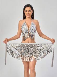 1 件女士肚皮舞亮片臀巾雪纺流苏腰带腰链披肩狂欢节闪亮服装狂欢节舞台舞蹈配饰 - 彩色 - 查看 11