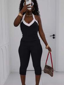 FQLWL Summer Panelled Elegant 2 Pieces Set Cocktail Party Outfits For Women Backless Halter Crop Tops Shorts Set