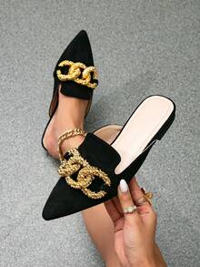 Donne, scarpe slip-on alla moda con catena metallica, punta affusolata, colore unito, tacco piatto, stile urbano, colore nero, stile urbano, materiale , pantofole - nero - Visualizzare 3