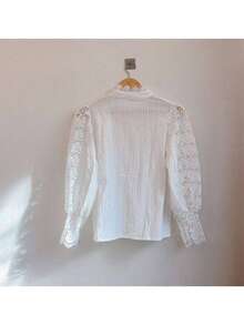Women's Lace Blouse, Long Sleeve Shirt With Lace Buttons - trắng - Xem 8