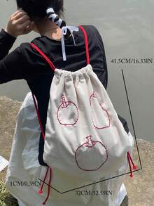 返校大红苹果学生背包，小众设计米色抽绳书包，百搭可爱，适合日常外出，适合大学生和高中生 - 米色 - 查看 6