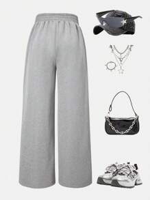 2pcs/Set Casual Loose Straight Leg Knit Solid Color Pants, Street Style For Girls