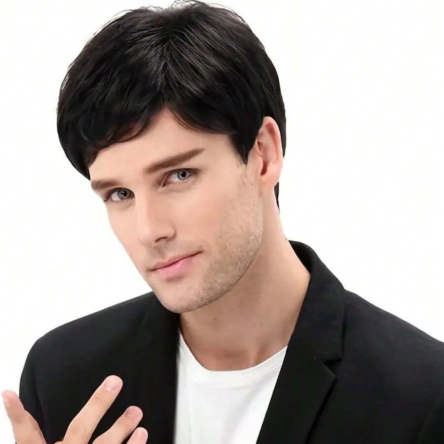 Saisity Men's Short Hair Toupee, 360° Full Coverage, With 3 Clips, Can Cover White Hair, 6 Inch Large Area Coverage, Black 1B - Black - View 1