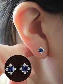 GAGAFEEL 一对 S925 纯银奢华优雅闪亮蓝色菱形锆石金耳钉，适合女士奢华时尚耳环日常生活派对珠宝礼物 - 銀色 - 查看 2