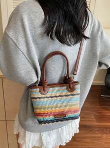 Nuova borsa a tracolla bohémien alla moda, intrecciata e colorata, decorata con etichette con lettere e tracolle indipendenti, adatta per uso quotidiano, vacanze al mare, viaggi e utilizzabile come borsa a spalla casual o a tracolla diagonale da donna