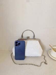 蓝色可爱蕾丝花朵材质手提包单肩包带链条女士晚宴包手拿包非常适合派对、婚礼、舞会、晚宴/宴会，搭配婚纱、礼服、舞会礼服、生日礼服。适合购物、钱包、购物、年轻女性、大学生、新人、白领人士。非常适合办公室、大学、工作、商务、通勤、户外活动、旅行和郊游。 - 白色 - 查看 5