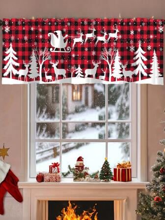 1pc Red And Black Plaid Christmas Curtain Valance 45*140cm Polyester Elk Santa Claus Pattern Short Window Treatment With Rod Pocket Merry Christmas Decorations 2025 For Home Seasonal Xmas Bedroom Living Room Kitchen Bathroom Laundry Short Curtain Decoration Christmas Gift Happy New Year 2026