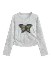 女式韩版蝴蝶刺绣V领修身长袖短款上衣，秋冬 - 白色 - 查看 4