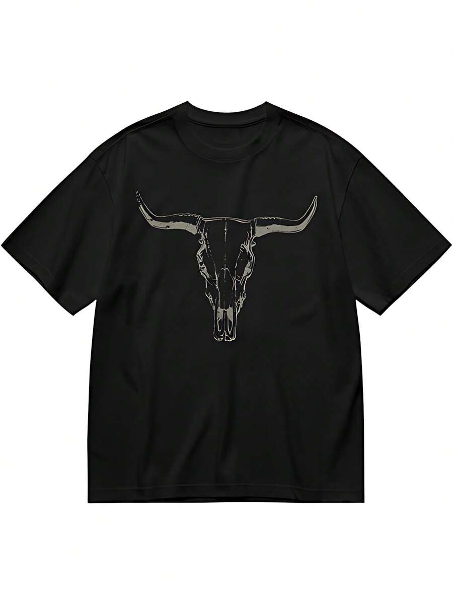Boho Cow Skull Shirt Men Women Cowgirl T Shirt Vintage Western Rodeo Graphic Tee Short Sleeve Bull Skull Casual Top - 黑色 - 查看 1
