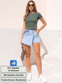 Blusa de Manga Curta Baby Look, Ideal para o Verão, Tecido Ribana Confortável e Fresco