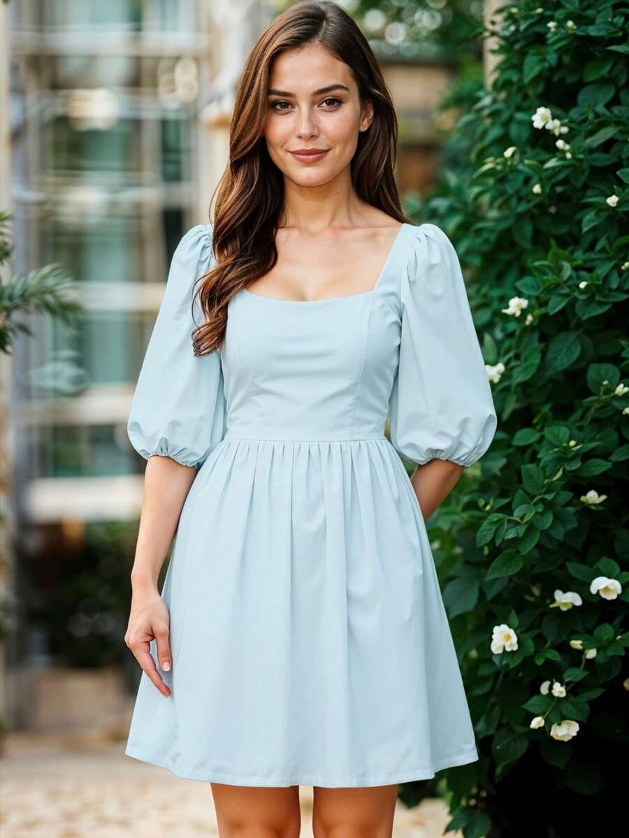 Vestido Corto de Escote Cuadrado con Manga Abullonada Casual para Mujer - Azul y blanco - Ver 1