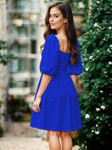 Vestido Corto de Escote Cuadrado con Manga Abullonada Casual para Mujer - Azul - Ver 2