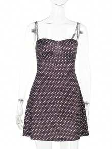 Women's Dots Print Mini Dress Sleeveless Spaghetti Strap A-Line Dress Summer Casual Dress - 棕色 - 查看 6